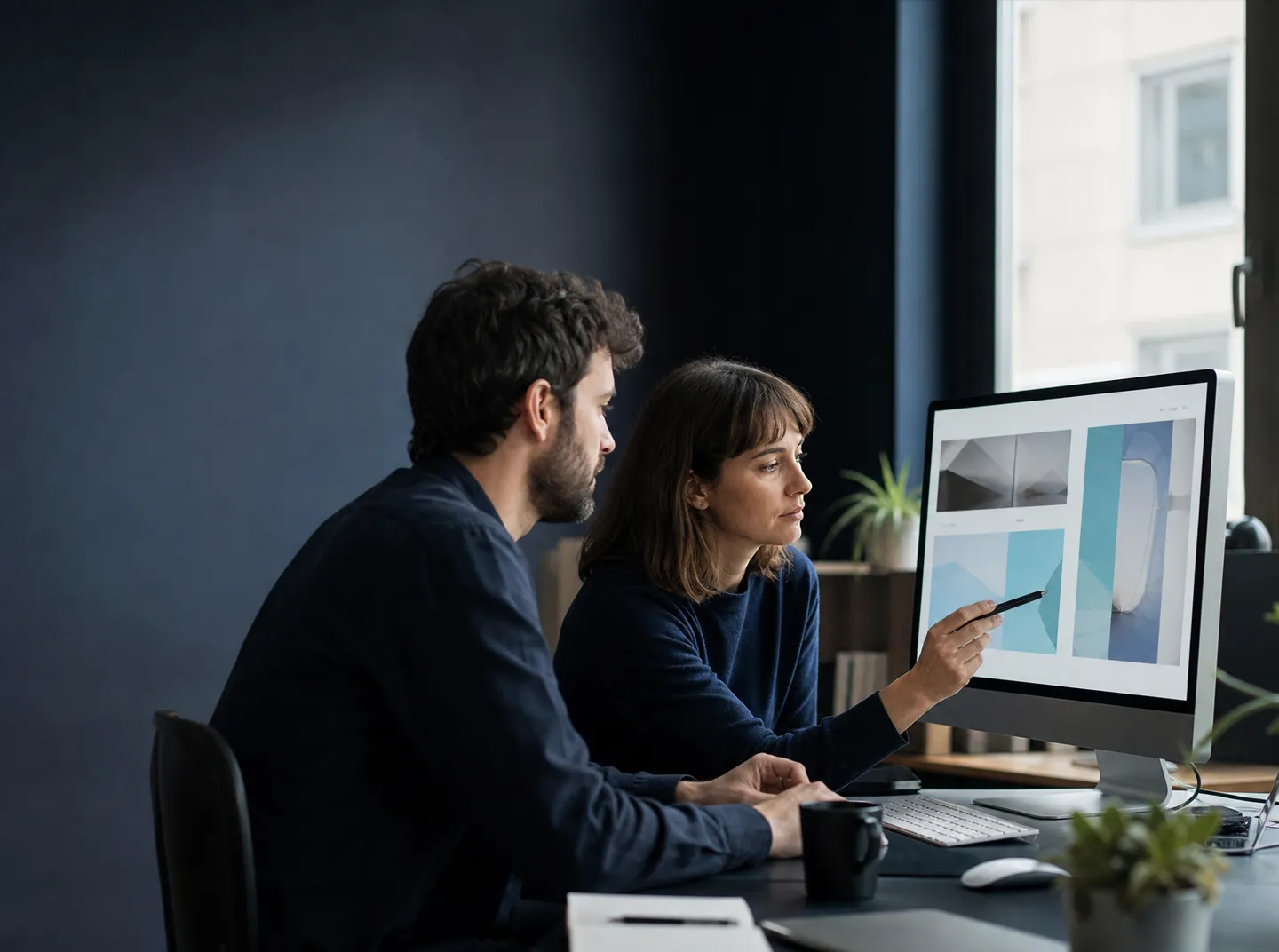 Une designer et un développeur vérifient ensemble une interface web dans un atelier numérique.